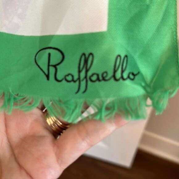 Vintage mid century Raffaello green, white & navy blue acetate long scarf - Picture 3 of 9
